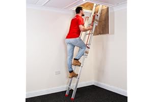 BPS ACCESS SOLUTIONS BPS Aluminium Slider | 3-Section Sliding Loft Ladder with Handrail | D-Shaped Rungs, Stowing Pole, Locking Catches | 150kg Load Capacity