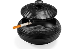 CAIXIANGYU Windaschenbecher, Aschenbecher für Draussen Außenbereich, Schwarz Retro Keramik für Garten, Balkon, Terrasse und Außenbereich (Schwarz)