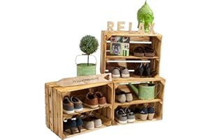 HDmirrorR Kistenbaron Lot de 3 armoires à chaussures, caisses à vin, caisse à fruits, en bois, flammé, 50 x 40 x 30 cm