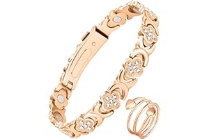 Jecanori Magnetic Bracelet for Women - Titanium Steel Magnetic Bracelet with 3800 Gauss Magnets - Adjustable Length Wristband, Comes in Gift Box, Clover-Rose Gold