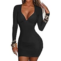 Vestito Sexy Donna Mini Abito Aderente - Maniche Lunghe, Scollo A V, Elasticizzato Per Discoteca E Serate - Foto 3