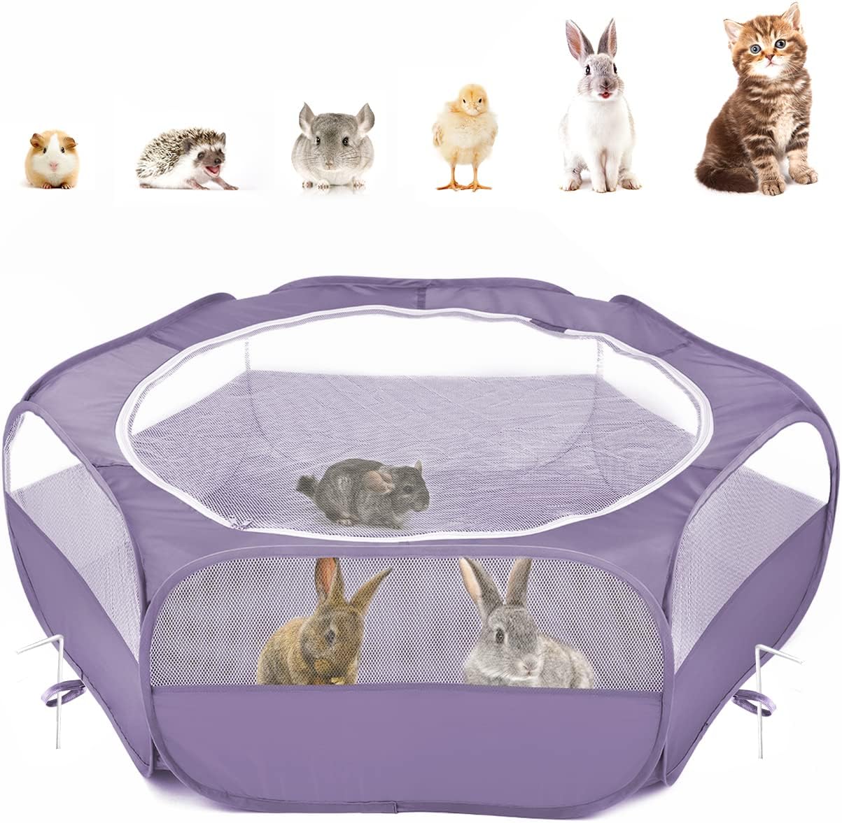 Pawaboo Valla de Animales Portátil de Oxford, Parque de Animales Plegable con Tres Varillas Metálicas y Amplia Abertura para Erizos Ardillas Gatos Dragón y Conejos - Púrpura