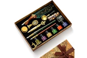 Joyeee Feather Calligraphy Pen and Ink Set, with Vintage Writing Quill Pen, Glass Dip Pen, Wooden Dip Pen, Pen Nibs, Pen Holder, Cup, Wax Beads, Seal Stamp, Candle, Melt Spoon and Gift Boxes #83