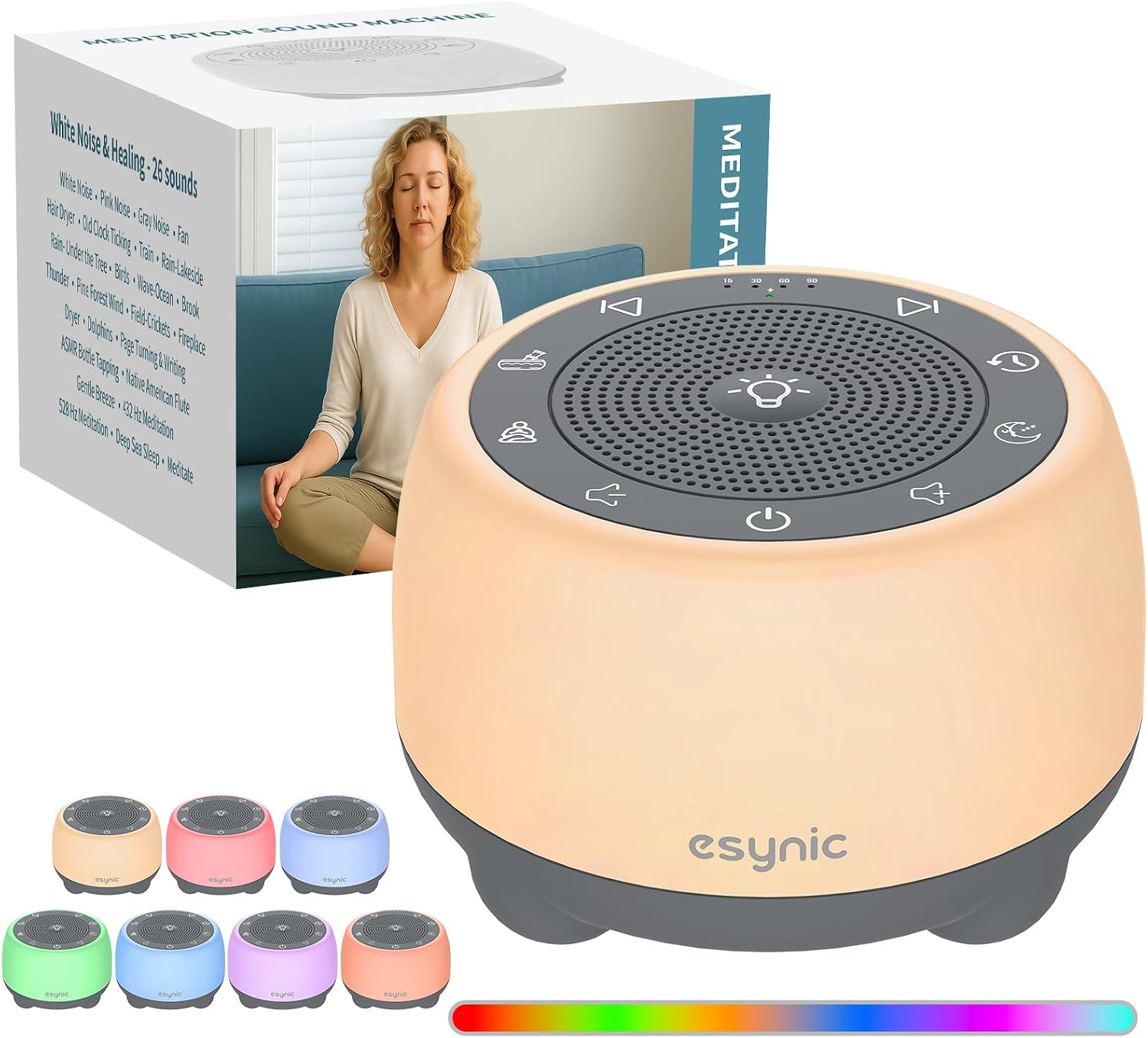 eSynic Maquina Ruido Blanco Bebe y Adulto 38 Sonidos Relajantes White Noise Cuenco Tibetano Meditacion Luz Nocturna Infantil 7 Colores Regulable Altavoz Recargable 2000mAh Temporizador Memoria