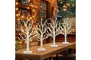 EAMBRITE Birch Tree with LED Lights for Christmas Decorations Indoor, Lighted Tabletop Tree with 24 LED White Twig Battery Operated Artificial Trees for Christmas Home Table Centerpiece Mantel 4pcs