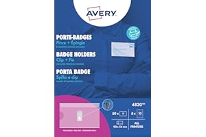 AVERY ZWECKFORM AVERY Porte-badges Combi Pince et Epingle - 50 Inserts Inclus - Format 90 x 54 mm - Impression Laser et Jet d'encre