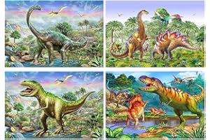 DCIDBEI 4 Pack Punto de Cruz Diamante de Dinosaurios 30x40 cm Cuadro de Dinosaurios de Punto Diamante Punto Diamante Infantiles de Dinosaurios Pintura Diamantes Dinosaurios Lienzos Diamante Niños