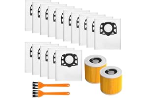 BUCOMTU 15 piezas para Kärcher KFI 357 Bolsos para Aspiradora +2 Filtros +2 Cepillo para Filtros Recambios para Kärcher WD2 Plus, WD2, WD3, SE4002, SE4001 KWD1-3 WD3.200, 2.863-314.0