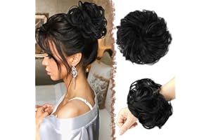 FESHFEN Moños Postizos, Natural Rizado Ondulado Postizo Moño Sintético Extensiones de Cabello Pelo Desordenado Coleta Postiza para Mujer 55g, Negro