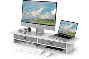 Fenge Supporto per Doppio Monitor con Cassetto 90 cm Organizzatore da Scrivania a 2 Strati per PC/Laptop/Stampante/TV L90 x L23,5 x H14,2 cm (Bianco)