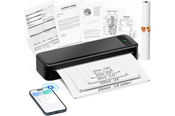 Imprimante Thermique Portable A4 sans Encre - Bluetooth sans Fil Compatible avec iOS et Android - Mini Imprimante Petite pour Papier Thermique 216/210/110/80/53mm, Mac, Windows, Reçus, 599g - Noir
