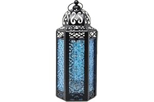 VELA LANTERNS Moroccan Candle Lantern Decorative Candle Holder Lamp for Indoor Outdoor, Ramadan, Home Decor, Patio, Weddings, Black Metal, Blue Glass, Medium Lantern
