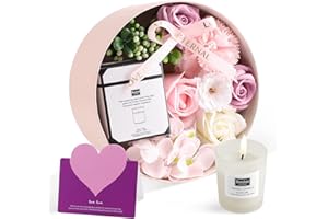 BTONGE Cadeau Femme Savon Fleur Boîte Ronde avec Bougie Parfumées en Pot + Cartes Rose Fleur Artificielle Coffret Cadeau Anniversaire Fête Personnalisé Maman Cadeau pour La Saint-Valentin