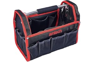 Amtech - Tool Tote Bag, Open Tote Tool Bag with 19 Pockets for Electricians, Technicians, Plumbers, and More, Heavy Duty and Waterproof, Cushioned Handle, Detachable Shoulder Strap (13”)