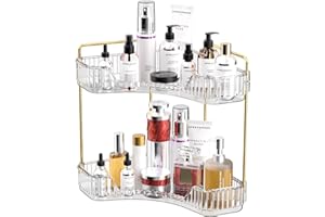 MOACC 2-Tier Corner Bathroom Counter Organizer, Countertop Perfume Tray and Vanity Organizer, Makeup Cosmetic Storage, Corner Storage Organizers for Bathroom, Kitchen, Dresser, Clear