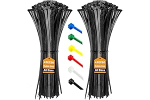 ATETEO Cable Ties, 200 Pack Black Cable Zip Ties Nylon Self Locking tie Wraps 100/150/200/250/300/370/400/500/600/650/760/1200 mm