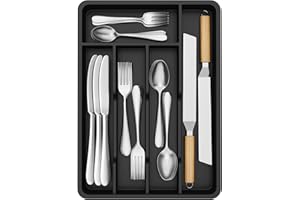 Lifewit Pequeño Bandeja para Cubiertos, Porta Cubiertos con 5 Compartimentos, Cajon Organizador Cubiertos de 24 x 34 cm, Separador Cubiertos Cocina Plástico con Cuchara/Tenedor/Cuchillo, Negro