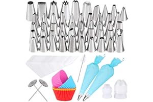 Boquillas para Manga Pastelera Decoración, Gyvazla 72 piezas Set con 50 Boquillas, 2 Bolso de Pastelería, 10 Desechable Bolso, 2 Acopladores, 2 Soporte, 5 Moldes de Silicona y Cepillo de Limpieza