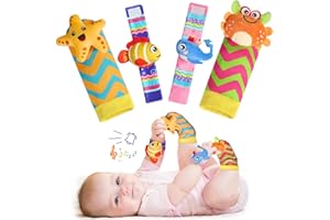 URMYWO Sonaglio Neonato 0-3 Mesi, Set 4 Pezzi Montessori con Braccialetti e Calzini, Giochi Sensoriali per Sviluppo Neonatale, Adatto 0-3-6-9 Mesi, Ideale Regalo Nascita (Oceano)
