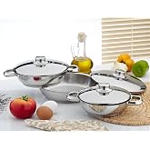 Paslanmaz &Ccedil;elik Omlet Tava Seti, Kapaklı, 3 Adet, 16cm, 18cm, 20cm, 6 Par&ccedil;a