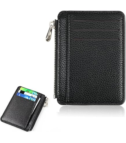 Portafoglio sottile bifold da uomo con tasca portamonete con cerniera, custodia in pelle con blocco RFID, portafogli neri compatti minimalisti con tasca frontale da uomo con finestra ID e 7 scomparti