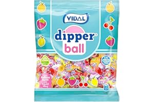 Vidal Golosinas Dipper Ball. Caramelo blando relleno de golosina líquida. Deliciosos sabores frutales: fresa, cereza, limón y naranja. Bolsa 900 gr.
