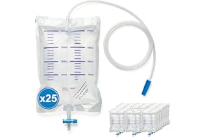 KMINA Urinpåsar 2 L för Engångsbruk av PVC med T-Kran, Latexfri | 25 st, Kateterpåse, Backventil, Blå Skala var 100 ml, Genomskinlig Slang 90 cm, Öglor för Upphängning
