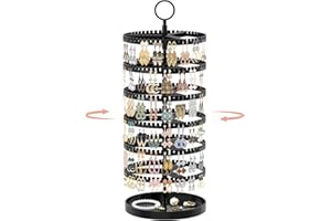 iDavosic.ly 6 Tier Rotating Earring Holder Organizer with Metal Tray, Adjustable Plastic Earring Display Stands Tree with 342 Grooves, Large Earring Storage Rack Tower for Hoop Dangle, Black