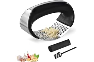 LUOQUN88 Kitchen Garlic Press Rocker - 304 Stainless Steel with Ergonomic Handle, Garlic Mincer & Slicer with Cleaning Brush & Silicone Peeler
