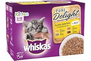 Whiskas 2-12 Months Kitten Pure Delight Wet Cat Food Pouches, Delicious and Tasty Poultry Selection in Jelly, 12 x 85 g