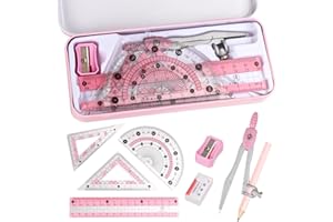 ARCJUNYS Maths Set Geometry Set Protractor and Compass Set with Metal Box Drawing Compass with Rulers Math Compass Kit for Class Supplies and School 9 Piece