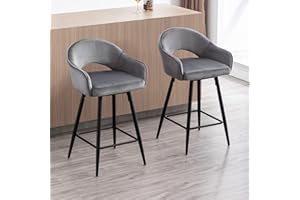 WAHSON OFFICE CHAIRS Wahson Obrotowe aksamitne stołki barowe zestaw 2 krzeseł śniadaniowych z oparciem, tapicerowane krzesła kuchenne, obrotowe stołki barowe do domowego baru / wyspy kuchennej, szare