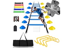 BJNCDIO Fussball Trainingszubehör, Koordinationsleiter 6m mit 12 Hütchen, Abnehmbar Hürden, Springseil, Widerstandsbänder, Widerstandsschirm,Fussball Trainingsset,Fussball Geschenke Jungen