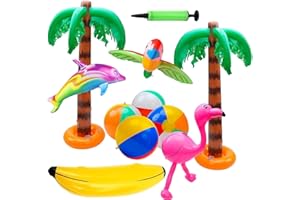 LATERN 11Pcs Inflatable Palm Tree Inflatable Flamingos Parrot Dolphin Banana Beach Balls Toys for Hawaii Party Decor Luau Party Backdrop - with Air Pump