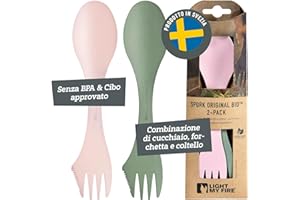 Light My Fire Spork Original - Set da 2 Posate Campeggio Combo Forchetta Coltello Cucchiaio Portatile 3-in-1 Posate da Viaggio Riutilizzabili, Escursionismo e Picnic Senza BPA, Verde/Rosa