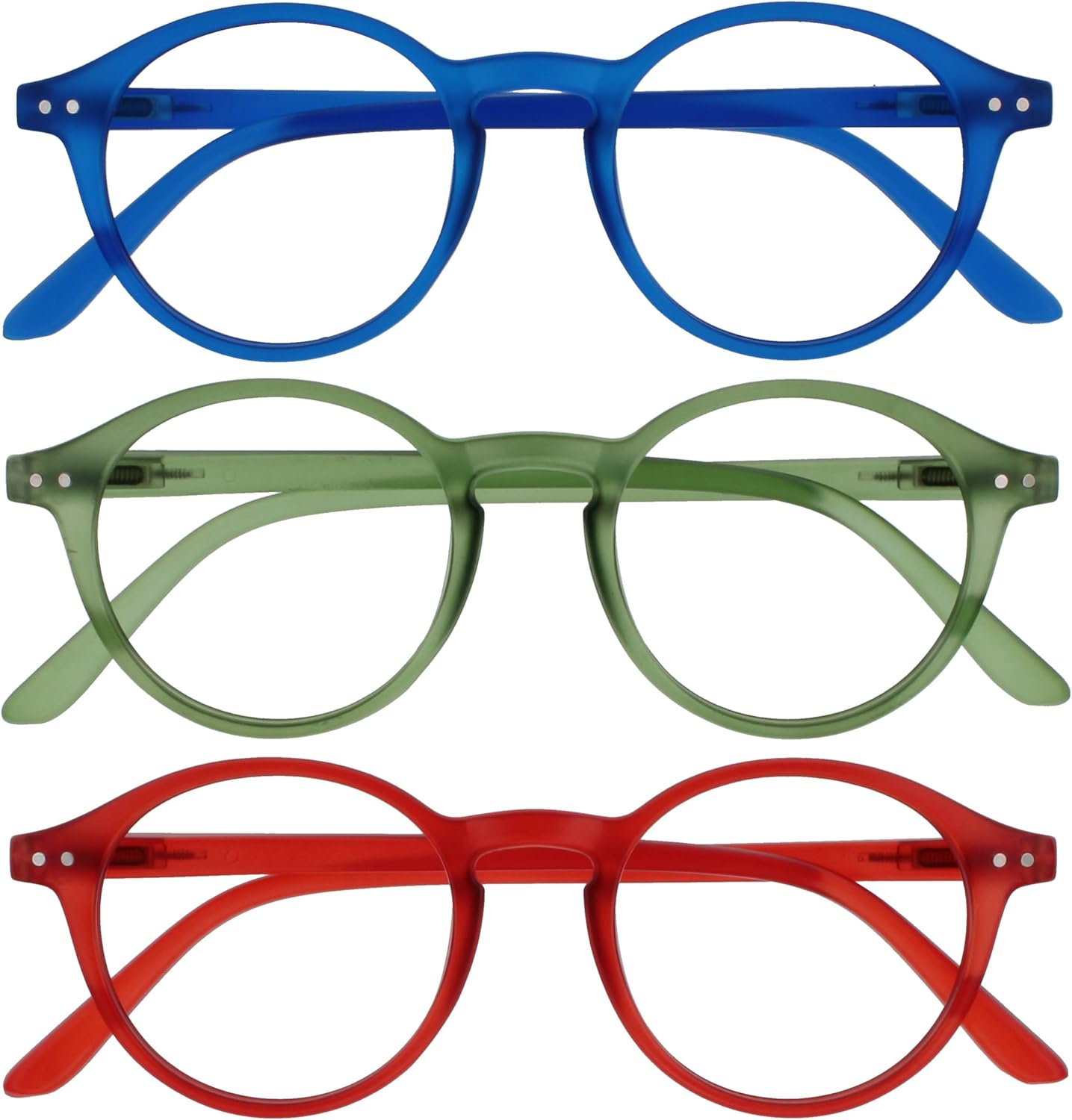 OPULIZE REY Gafas de Lectura - Pack de 3 - Montura Redonda Retro - Azul Mate, Verde, Rojo - Hombre Mujer - Bisagras de Muelle - RRR56-36Z - +2.00