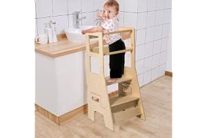 Fohome Toddler Standing Tower, Kitchen Step Stool for Kids, Adjustable Height Learning Stool with Removable Anti-Drop Safety Rail for Bedroom, Bathroom
