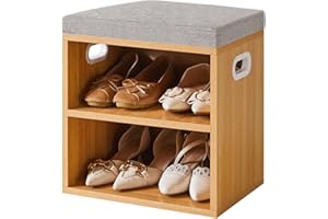 YMYNY Ławka do przechowywania butów z poduszką, 2-poziomowy stojak na buty z wyściełanym siedziskiem, regulowana szafka na buty do wejścia, 42H*39L*28Wcm, naturalny, HBD028N