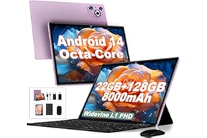 DGHRTI 2025 Newest Tablet 10 pollici Android 14, 22GB RAM 128GB ROM/TF 1TB, Processore Octa-Core, 8000mAh, Corpo in Metallo, Doppio WiFi, 8MP+5MP, Widevine L1, Protezione Occhi, Tastiera, Mouse, Violet