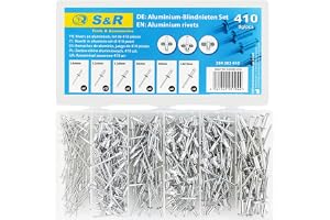 S&R Blindnitssats i aluminium, 410-delars sortiment, korrosionsskyddad, 6 storlekar i ask, 2,4x6mm, 3,2x6mm, 3,2x8mm, 4x6mm