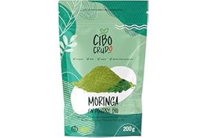 CIBO CRUDO CRUDO BIOLOGICO VEGAN Poudre de Moringa Bio - 200g. Feuilles de Moringa Oleifera en Poudre pour The Moringa ou Cheveux. Organic Moringa Powder.