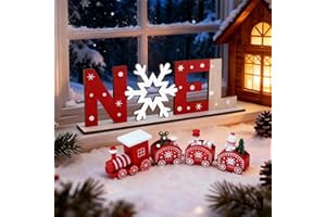 BHGT Train de Noël en Bois Lettre en Bois Ornement Bois Decoration Noël Table de Noël Boule de Noël Lettre Noël Cadeau Jouets Fenêtres Vitre Décoration (Rouge + Noel)