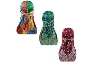 DINPREY Assorted Paisley Bandana Doo rag Cap Headwraps Men's Women's Silk Durag with Long Tail and Wide Straps for 360 Waves