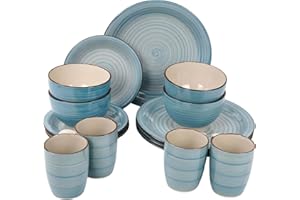 PRADICHI 16 Piece Dinnerware Set for 4 – Round Kitchen Dinner Set with Dinner Plates, Dessert Plates, Cereal Bowls & Mugs – Teal Blue & White Tableware Combination Set (Teal Blue & White)