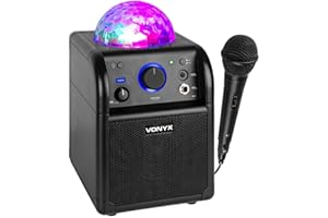 Vonyx SBS50B Altavoz portátil Set de Karaoke para Fiesta con micrófono y Efecto Eco, Bluetooth, Bola de Discoteca con Efectos de Luces LED, Entrada Auxiliar - Negro