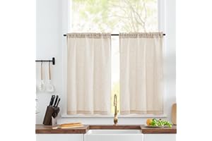 TOPICK Linen Blend Kitchen Curtains, 36 Inch Drop Small Cafe Curtains, Solid Pattern Light Filtering Short Curtain Tiers for Bathroom Sink Cupboard, Rod Pocket 2 Panels Crude