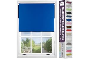 FURNISHED Blackout Roller Blind with Metal Fittings Trimmable Insulated Thermal Fabric Heavy-duty Easy Install Brackets Window Roller Blinds - Blue, 90W x 165H cm