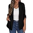 PrinStory Womens Blazer Suit Open Front Cardigan Adjustable Sleeve Blazer Jacket with Buttons Pockets