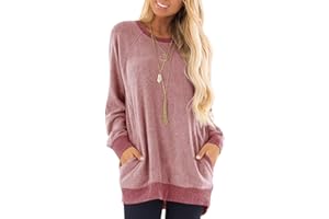 AUSELILY Tops de Manga Larga para Mujer Camisetas Casuales con Cuello Redondo Blusas Bonita Sudadera con Bolsillos