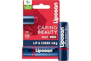 Liposan Caring Beauty Lip and Cheek Red, bálsamo de labios y colorete en barra de tono rojo, protector labial en stick 3 en 1 para un look sencillo, 1 x 4,8 g
